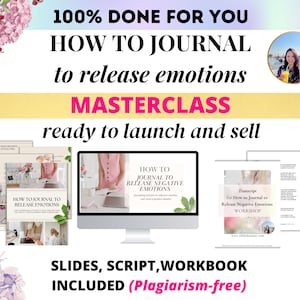 Könnte beinhalten: Werbung für ein digitales Produkt mit dem Text "HOW TO JOURNAL to release emotions MASTERCLASS". Das Bild zeigt einen Computerbildschirm, gedruckte Seiten und die Worte "SLIDES, SCRIPT, WORKBOOK INCLUDED (Plagiarism-free)."