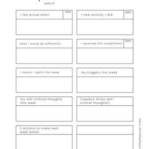 May include: A white self-esteem reflection worksheet with prompts for weekly journaling. The worksheet includes sections for reflecting on accomplishments, new activities, lessons learned, and self-critical thoughts. The text "weekly self-esteem reflection" is at the top.