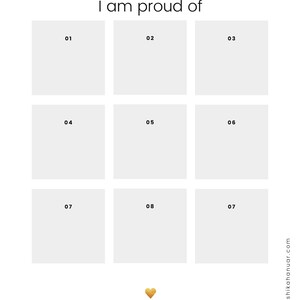 May include: A white printable template with the text "9 small + big successes I am proud of." Nine numbered boxes are arranged in a 3x3 grid. A gold heart is at the bottom. The website address shikahanuar.com is in the bottom right corner.