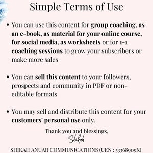 May include: A light pink document with the text "Simple Terms of Use" and bullet points detailing content usage rights. Includes the website address www.shikahanuar.com and the name Shikah.