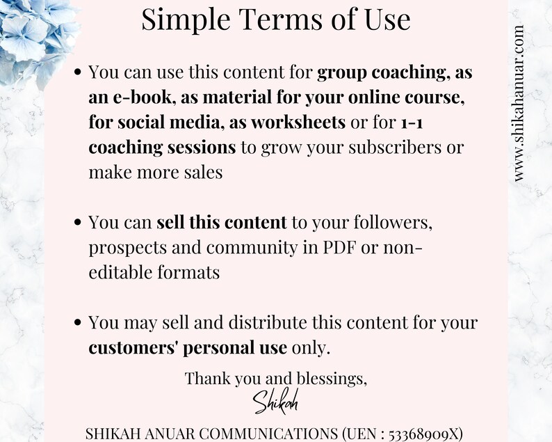 May include: A light pink document with the text "Simple Terms of Use" and bullet points detailing content usage rights. Includes the website address www.shikahanuar.com and the name Shikah.