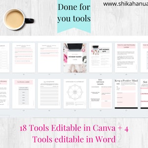 May include: A set of printable self-help tools with pink highlights, including a self-esteem bucket list, mindset toolkit, and guides on topics like bravery and goal setting. A cup of coffee is also visible.
