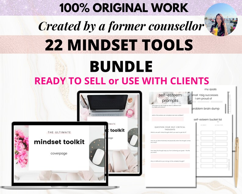 May include: A digital bundle of 22 mindset tools, including a cover page, prompts, and self-esteem worksheets. The text reads "100% Original Work" and "Ready to Sell or Use with Clients."