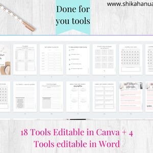 May include: A selection of 22 mindset tools, such as goal trackers and self-esteem prompts, displayed on a light background. A pen with a white and gold striped design is also visible. The image includes the text "Done for you tools" and "18 Tools Editable in Canva + 4 Tools editable in Word."