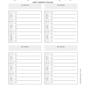 May include: A white planner page with the text "my goals" at the top. The page is divided into four sections, each labeled with a quarter of the year. Each section has months listed with checkboxes for goal tracking.