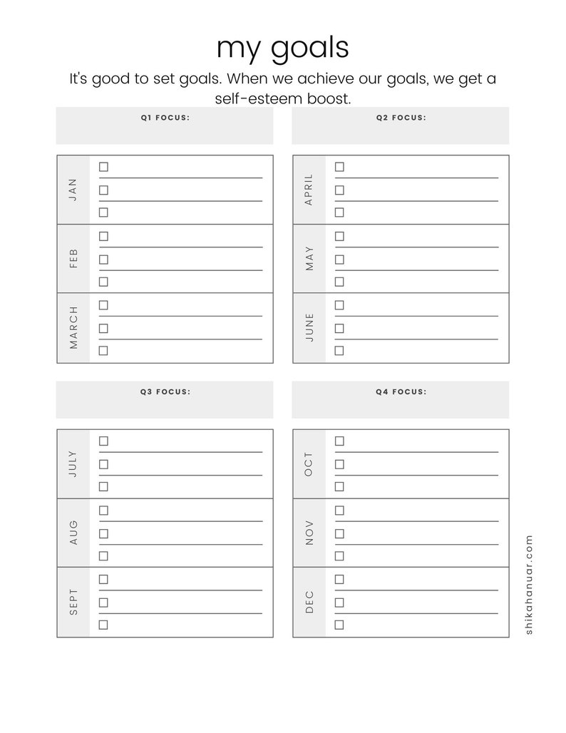 May include: A white planner page with the text "my goals" at the top. The page is divided into four sections, each labeled with a quarter of the year. Each section has months listed with checkboxes for goal tracking.
