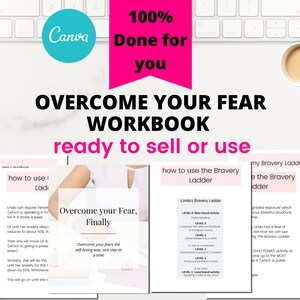 Könnte beinhalten: Ein rosa-weißes Arbeitsbuch mit dem Titel "Overcome Your Fear Workbook" und dem Text "ready to sell or use" in rosa. Das Arbeitsbuch enthält Seiten mit Anweisungen zur Verwendung einer "Bravery Ladder", um Ängste zu überwinden.