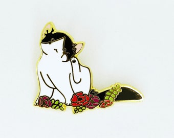 Floral Black and White Cat Pin, Tuxedo Cat Pin, Cute Cat Pin, Kawaii Lapel Pin, Brooch / Hard Enamel Pin