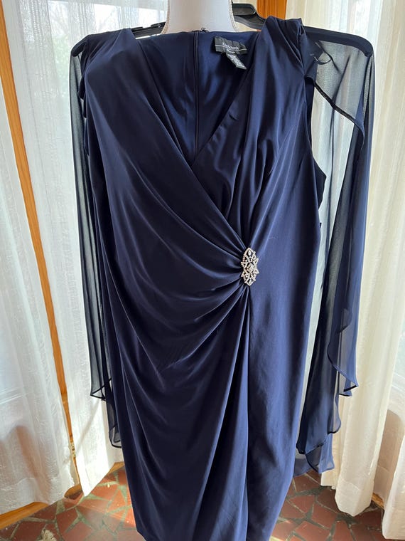 Sleeveless Mother of Bride Dress, Navy Jersey Knit, Chiffon Cape, Crystal Brooch, Short Length,