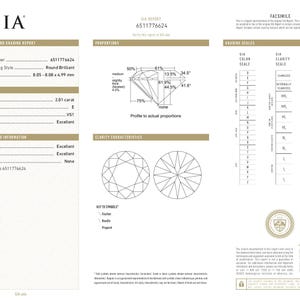 May include: A GIA Natural Diamond Grading Report for a 2.01 carat round brilliant diamond with report number 6511776624. The document details measurements of 8.05 - 8.08 x 4.99 mm, an E colour grade, VS1 clarity grade, and an excellent cut grade.