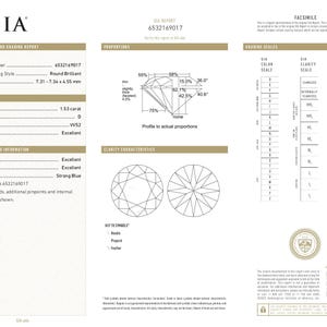 May include: A GIA Natural Diamond Grading Report for a 1.53 carat round brilliant diamond with report number 6532169017. The document details a D colour grade, VVS2 clarity grade, excellent cut, and strong blue fluorescence with 7.31-7.34 x 4.55 mm measurements.