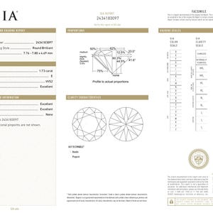 May include: A GIA Natural Diamond Grading Report for a 1.73 carat round brilliant diamond. The document displays report number 2434183097, E colour grade, VVS2 clarity grade, and excellent cut, polish, and symmetry. It includes a diagram of proportions.