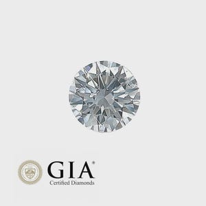 May include: A round brilliant cut diamond with numerous facets reflecting light, displayed above the GIA Certified Diamonds logo. The gemstone is clear and colourless, featuring a symmetrical geometric pattern of triangular and kite-shaped facets.