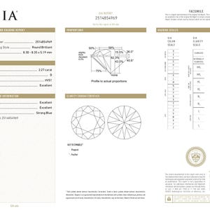 May include: A GIA Natural Diamond Grading Report for a 2.27 carat round brilliant diamond with report number 2514854969. The document details a D colour grade, VVS1 clarity grade, excellent cut, and strong blue fluorescence with 8.30-8.35 x 5.19 mm measurements.