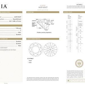 May include: A GIA Natural Diamond Grading Report for a 1.90 carat round brilliant diamond with report number 6435165437. The document details F colour, VVS1 clarity, and excellent cut, polish, and symmetry, including a diagram of proportions.
