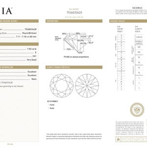 May include: A GIA Natural Diamond Grading Report for a 1.50 carat round brilliant diamond with report number 7536033420. The document displays measurements of 7.11-7.18 x 4.50 mm, E colour grade, VS1 clarity grade, and Very Good cut grade.