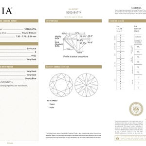 May include: A GIA Natural Diamond Grading Report for a 2.01 carat round brilliant diamond. The document lists report number 5202484714, E colour grade, VVS2 clarity, and very good cut. It includes diagrams of proportions, clarity characteristics, and scales.