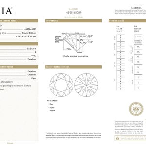 May include: A GIA Natural Diamond Grading Report for a 2.52 carat round brilliant diamond with report number 6505865089. The document details an F colour grade, VVS2 clarity grade, and excellent cut, polish, and symmetry with faint fluorescence.