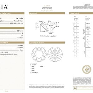 May include: A GIA Natural Diamond Grading Report for a 2.01 carat round brilliant diamond with E colour and VS1 clarity. The document displays measurements of 8.02 - 8.08 x 5.03 mm, a profile diagram, clarity characteristics, and grading scales.