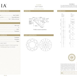 May include: A GIA Natural Diamond Grading Report for a 1.80 carat round brilliant diamond with report number 2467124031. The document details an E colour grade, VVS1 clarity grade, and excellent cut, polish, and symmetry with 7.81-7.85 x 4.76 mm measurements.