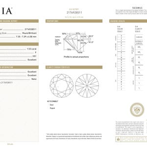 May include: A GIA Natural Diamond Grading Report for a 1.53 carat round brilliant diamond with report number 2176928511. The document details F colour, VS1 clarity, and excellent cut, polish, and symmetry, including a diagram of proportions.