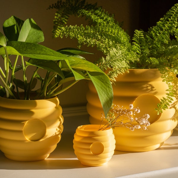 Bienenstock-Blumentopf - 3D-gedruckter gelber Frühlings-Bienenblumentopf mit Drainage