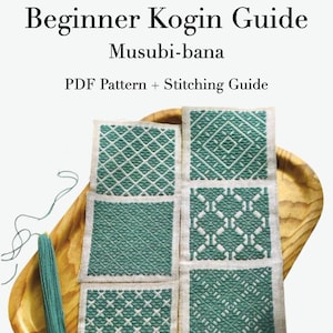 May include: A digital guide titled Beginner Kogin Guide Musubi-bana PDF Pattern + Stitching Guide featuring five square fabric swatches with intricate teal geometric embroidery patterns and a bundle of teal embroidery thread on a wooden tray.