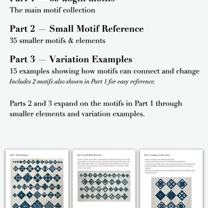 May include: A three-part collection guide featuring 69 kogin motifs, 35 smaller motif references, and 15 variation examples. The document includes text descriptions and three visual pages displaying blue geometric embroidery patterns on a light background.