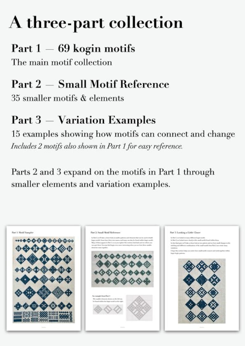 May include: A three-part collection guide featuring 69 kogin motifs, 35 smaller motif references, and 15 variation examples. The document includes text descriptions and three visual pages displaying blue geometric embroidery patterns on a light background.