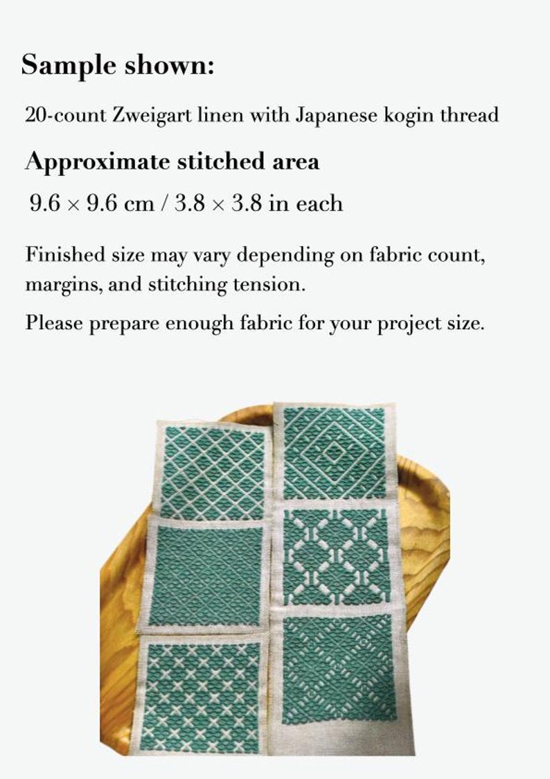 May include: Five square fabric swatches featuring teal geometric embroidery patterns on light beige linen. Text reads: Sample shown: 20-count Zweigart linen with Japanese kogin thread. Approximate stitched area 9.6 x 9.6 cm / 3.8 x 3.8 in each.