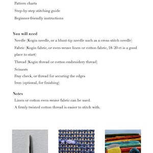 May include: A digital document titled Materials containing pattern charts, stitching guides, and instructions. It lists required items including a blunt-tip needle, even-weave fabric, and cotton threads, with three small images illustrating these supplies.