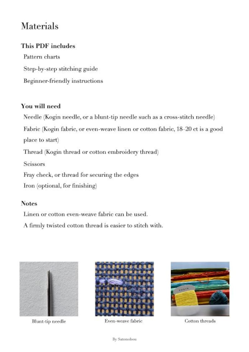 May include: A digital document titled Materials containing pattern charts, stitching guides, and instructions. It lists required items including a blunt-tip needle, even-weave fabric, and cotton threads, with three small images illustrating these supplies.
