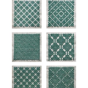 May include: Six square fabric swatches featuring teal and white geometric embroidery patterns. The text "Patterns" appears at the top left, and "By Satonobou" is at the bottom center. Each square displays a distinct, repeating needlework design.