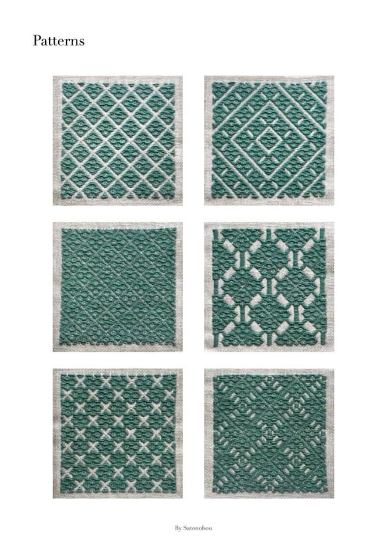 May include: Six square fabric swatches featuring teal and white geometric embroidery patterns. The text "Patterns" appears at the top left, and "By Satonobou" is at the bottom center. Each square displays a distinct, repeating needlework design.