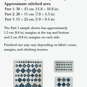 May include: Three rectangular pieces of 20-count Zweigart linen featuring blue Japanese kogin thread embroidery. The stitched areas measure 11.8 x 16.9 inches, 7.9 x 4.3 inches, and 5.9 x 9.4 inches, with text detailing margins and fabric specifications.