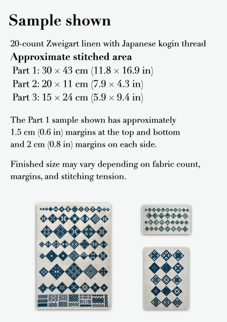 May include: Three rectangular pieces of 20-count Zweigart linen featuring blue Japanese kogin thread embroidery. The stitched areas measure 11.8 x 16.9 inches, 7.9 x 4.3 inches, and 5.9 x 9.4 inches, with text detailing margins and fabric specifications.