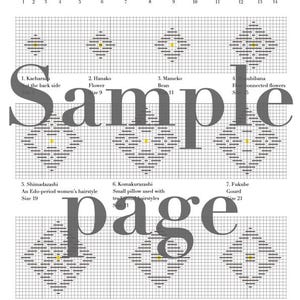 May include: A sashiko embroidery pattern guide featuring a top row of fourteen blue and white geometric motifs. Below, a grid displays ten numbered designs including Kacharazu, Hanako, Mameko, Musubibana, Shimadazashi, Komakurazashi, Fukube, and Uroko.