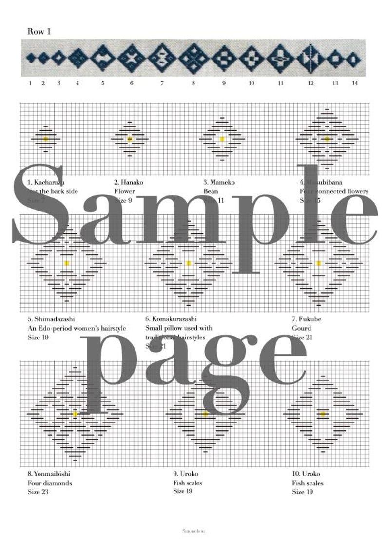 May include: A sashiko embroidery pattern guide featuring a top row of fourteen blue and white geometric motifs. Below, a grid displays ten numbered designs including Kacharazu, Hanako, Mameko, Musubibana, Shimadazashi, Komakurazashi, Fukube, and Uroko.