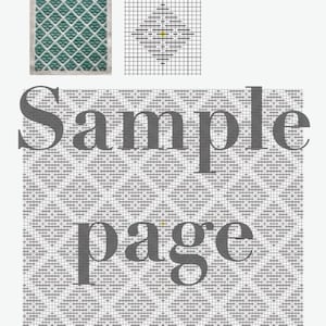 May include: A document titled 1. Musubi-bana with spacing by Satonobou, featuring a teal and white diamond embroidery swatch, a black and white grid pattern diagram with a yellow center stitch, and a large repeating geometric grid pattern.