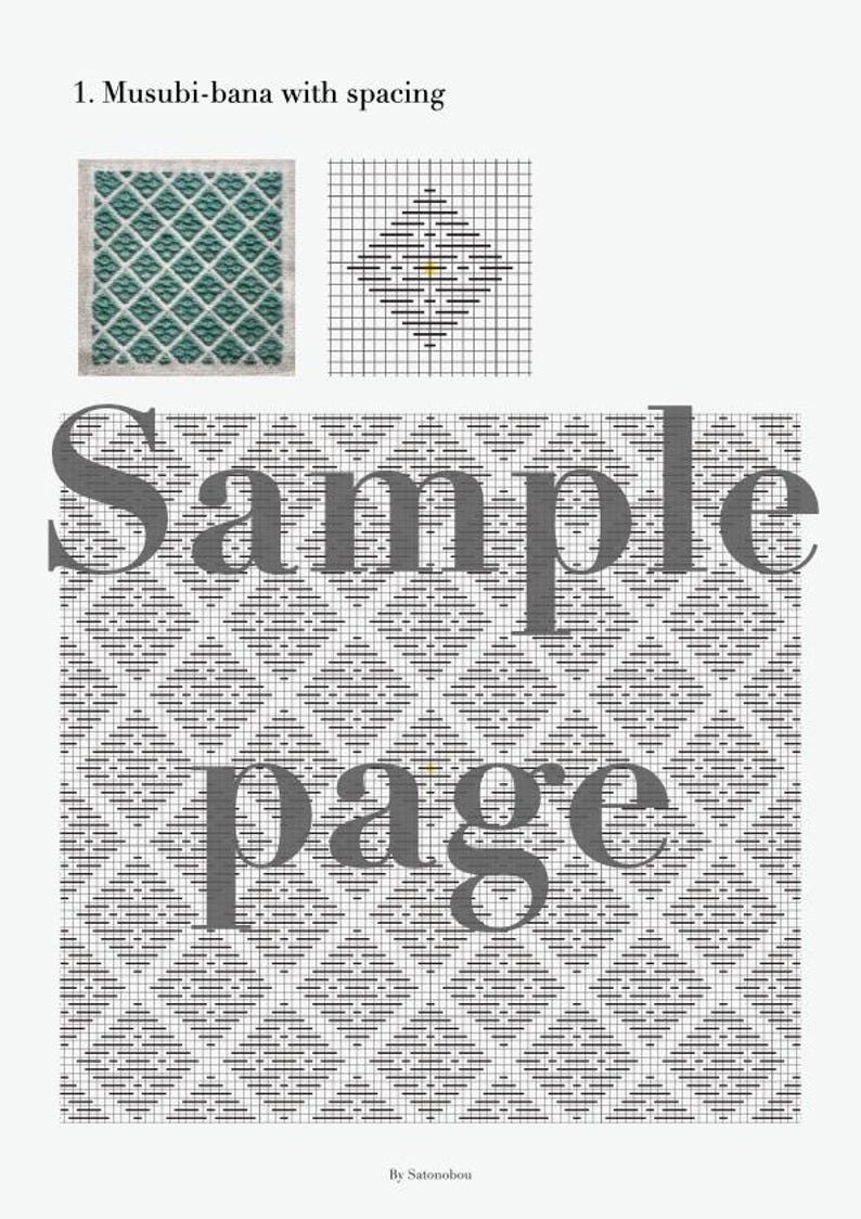 May include: A document titled 1. Musubi-bana with spacing by Satonobou, featuring a teal and white diamond embroidery swatch, a black and white grid pattern diagram with a yellow center stitch, and a large repeating geometric grid pattern.