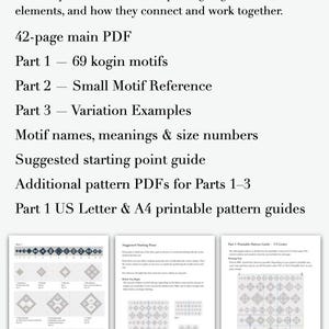 May include: A digital document titled What's included, detailing a three-part collection for kogin motifs. It lists a 42-page main PDF, 69 motifs, a reference guide, variation examples, and printable pattern guides in US Letter and A4 formats.