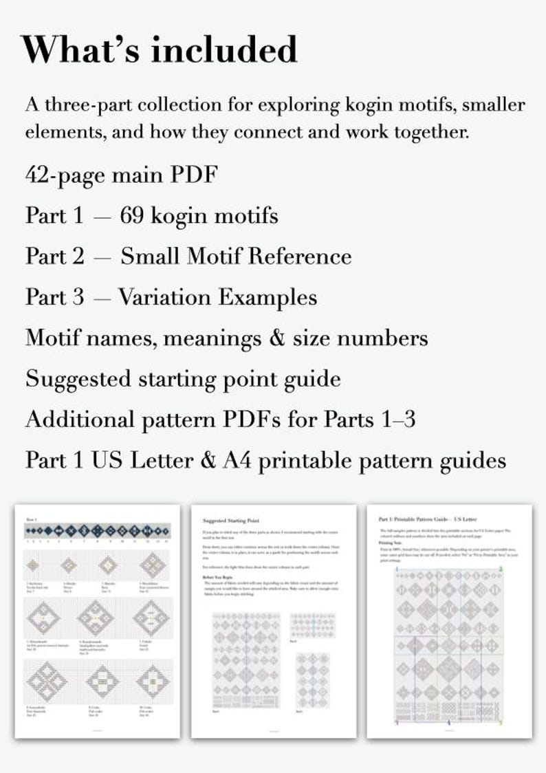 May include: A digital document titled What's included, detailing a three-part collection for kogin motifs. It lists a 42-page main PDF, 69 motifs, a reference guide, variation examples, and printable pattern guides in US Letter and A4 formats.