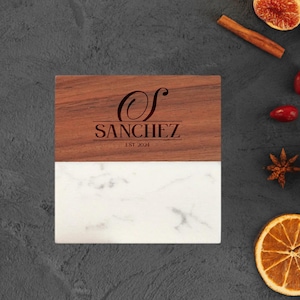 Personalized Marble Acacia Wood Coaster Set Custom Engraved Coasters Wedding Gift Housewarming Gift For Couple Realtor Closing Gift Home