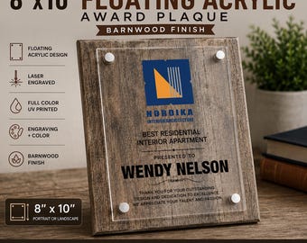 Personalized Floating Acrylic Award Plaque, Barnwood Finish, Custom Engraving (8"x10")