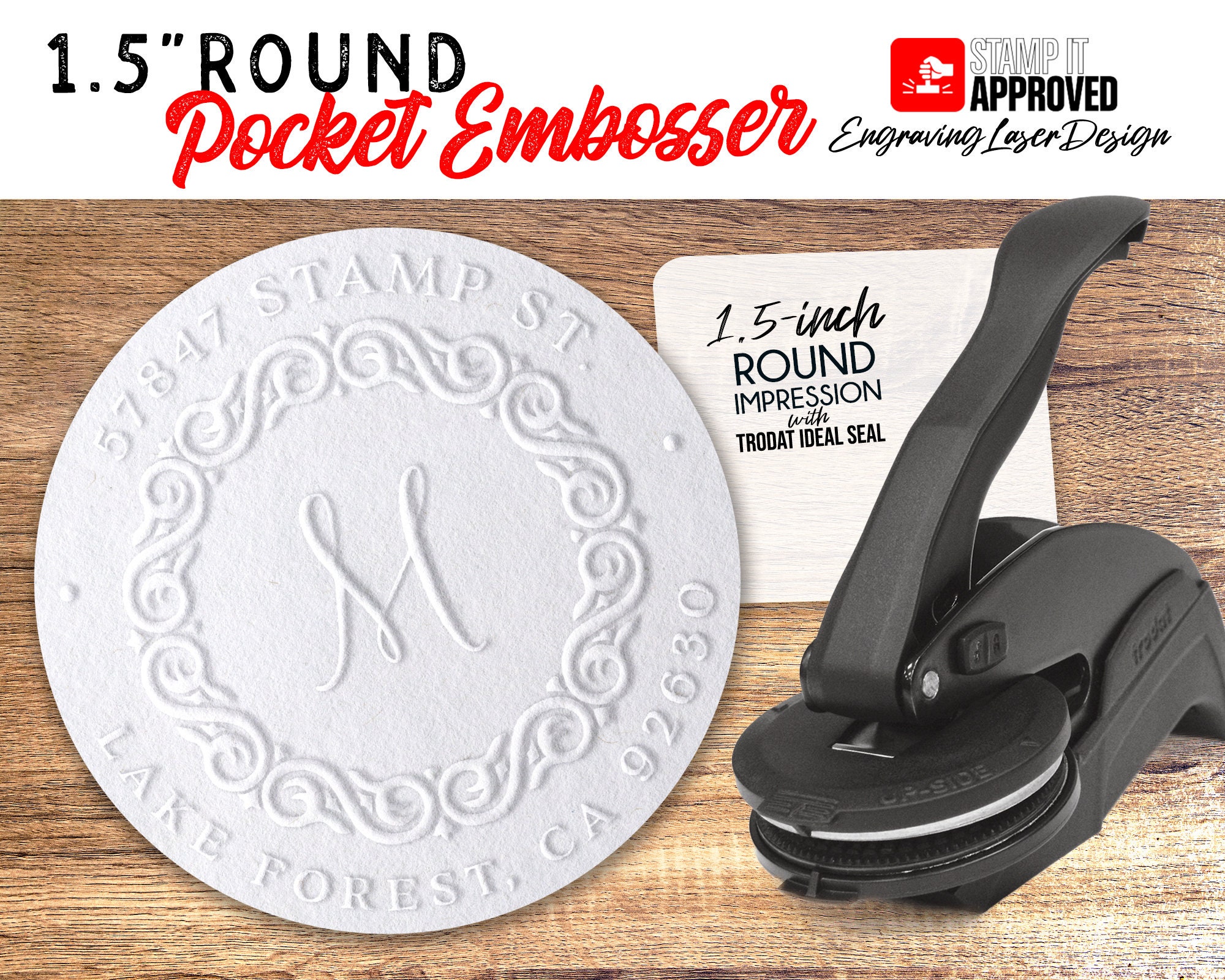 1.5in Round Trodat Custom Pocket Embosser Stamp — Stamp It Approved