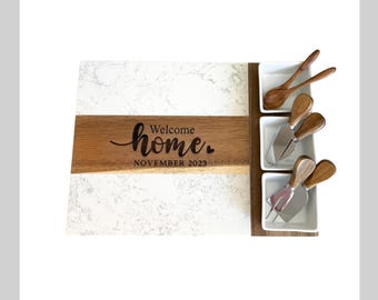 11 Piece Marble Acacia Wood Charcuterie Board Set Personalized Serving Platter Custom Party Board Wedding Gift Housewarming Present Premium