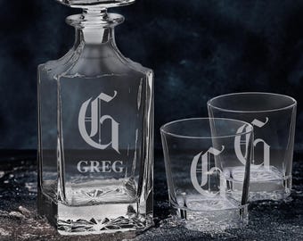 Monogrammed Whiskey Decanter Set: Square Decanter with 4 Glasses, Black Gift Box