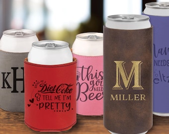 Personalized Engraved Leatherette Bottle Sleeve Custom Can Sleeve Beer Koozie Holiday Gift Birthday Gift Mens Gift Beer Lover Gift Drinkware