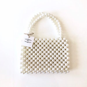 Pearl Beaded Bag, Beaded tote bag white, handmade bead bag, beaded summer bag, vintage beaded bag