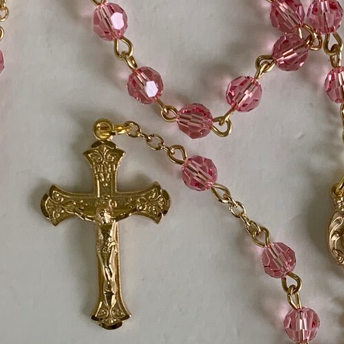 6MM Swarovski Crystal Pink shops / Gold Crucifix & Center